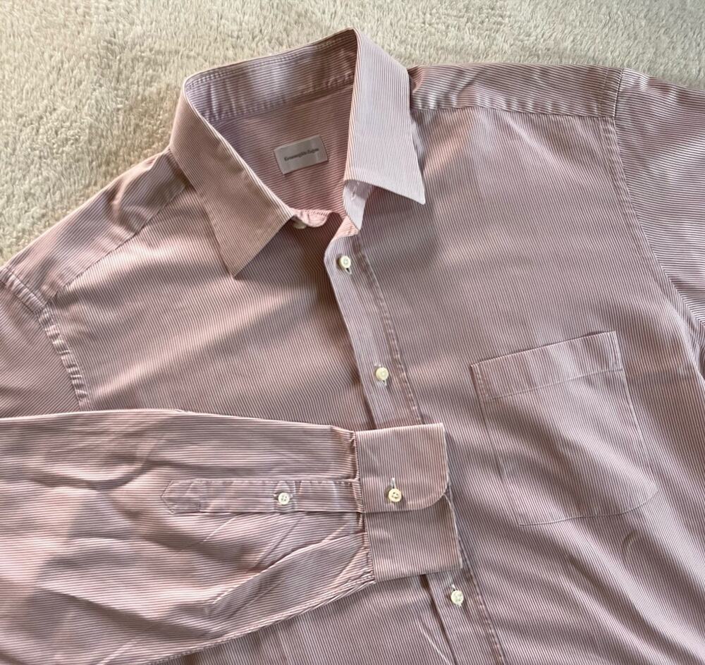 Ermenegildo Zegna Comfort Fit Rose Pink Striped Poplin Dress Shirt Mens 17/43